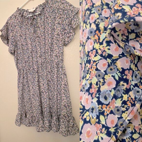 Summer dress short tie neck ruffle flutter micro floral print feminine fairy L - Picture 1 of 13